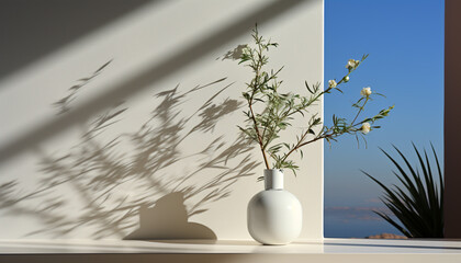 Vase holds plant, nature flower indoors, window table leaf decoration generated by AI