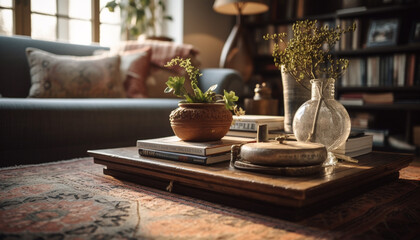 Naklejka na ściany i meble Elegant living room with antique bookshelf decoration generated by AI