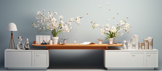 The long white table has lockers or drawers underneath and a vase with a white flower plant It also has a letter item or bookshelf