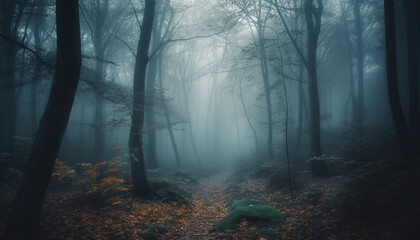 Naklejka premium A spooky forest in autumn, a mysterious and dark landscape generated by AI