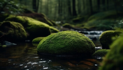Green leaves on tree branch near flowing water generated by AI