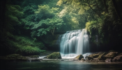 Tranquil scene of majestic tropical rainforest with flowing water and greenery generated by AI