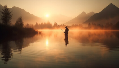One man fishing at dawn, back lit by sunrise silhouette generated by AI - obrazy, fototapety, plakaty