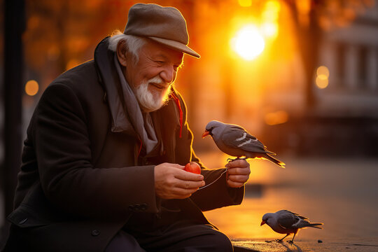 An elderly gentleman feeding his feathered bied friend, during the golden hour