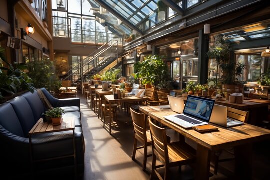 Espace de coworking dans un tearoom, style Starbucks caf&eacute;, Teambuilding dans une jolie pi&egrave;ce &eacute;pur&eacute;e et design, belle decoration, vitr&eacute; et vue magnifique, restaurant, bar tendance esth&eacute;tique