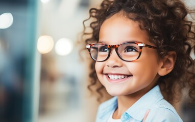 Young child girl trying new glasses in an optician - obrazy, fototapety, plakaty