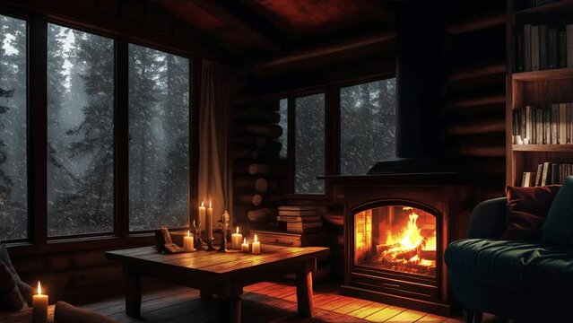 Winter Cozy Cabin in Snowfall with Crackling Fireplace, Wind Snow Falling Ambience -Seamless Loop