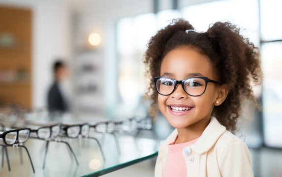 Young child girl trying new glasses in an optician