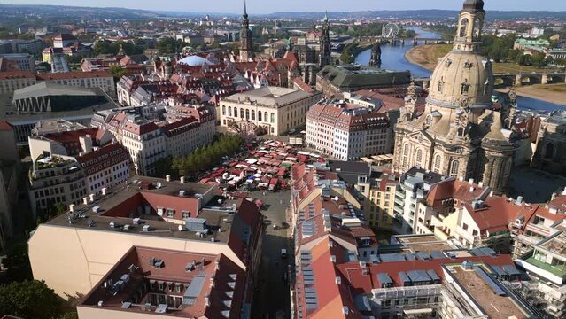 Beautiful aerial view neumarkt drone. Dresden church Frauenkirche Germany summer