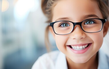 Young child girl trying new glasses in an optician