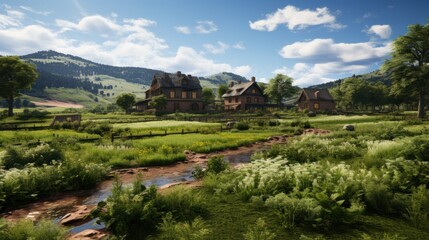 Naklejka premium A quaint town surrounded by rolling hills.UHD wallpaper