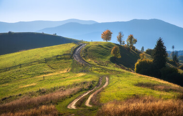 Carpathian mountain valley with beautiful hills in haze, orange trees at sunset in autumn in Ukraine. Colorful landscape with dirt road, meadows, forest, green grass, golden sunlight in fall. Nature