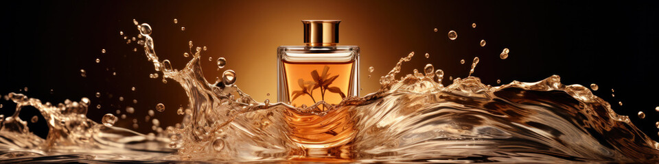 Perfume bottle and water splash around it. Cosmetic - obrazy, fototapety, plakaty
