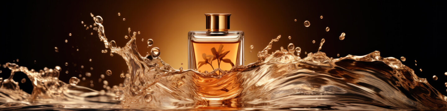 Perfume bottle and water splash around it. Cosmetic