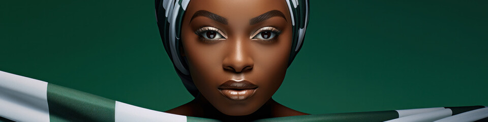 Woman in Nigerian Flag Green White Dress and Headwrap. Nigeria Independence Day. Model in Fashion African Turban over Gray. Muslim Women wearing Green Headscarf drape