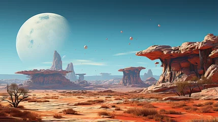 Poster Paysage fantastique A surreal digital desert landscape with floating rock.UHD wallpaper