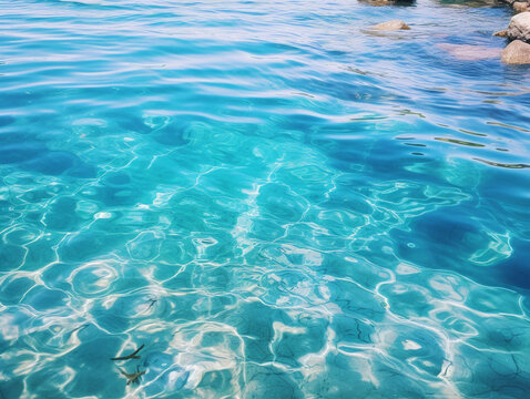 A stunning image of crystal clear blue water in a swimming pool resembling a torn sea.