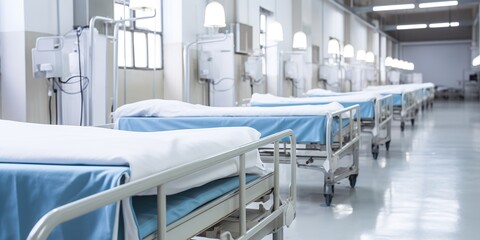 Row of hospital beds , concept of Patient care - obrazy, fototapety, plakaty