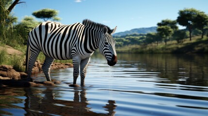 Fototapeta na wymiar A zebra drinking fraom a crystal clear river photo.UHD wallpaper