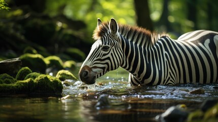 Fototapeta na wymiar A zebra drinking fraom a crystal clear river photo.UHD wallpaper