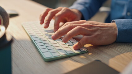 Businessman hands typing keyboard office close up. Freelancer working computer