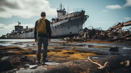 Photography of Man standing on destroyed part of ship. abandoned port and ship destroyed by natural disasters and war. generative AI