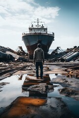 Photography of Man standing on destroyed part of ship. abandoned port and ship destroyed by natural disasters and war. generative AI