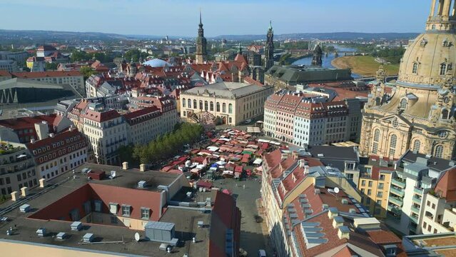Perfect aerial top view flightdrone Dresden neumarkt Frauenkirche Germany summer
