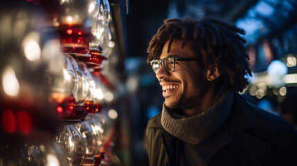 young man standing at Christmas market looking at christmas decoration with blurred background 