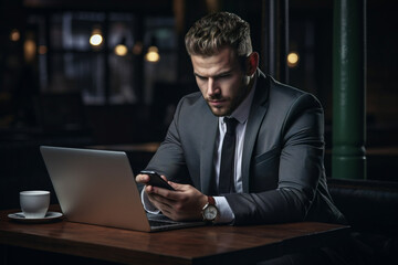 A focused businessman multitasking with a laptop and phone, wearing a blue suit and glasses.