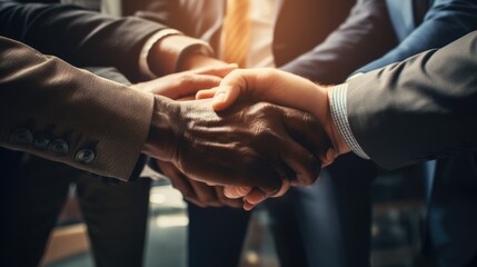 Close up picture of businessman putting their hands together or hands shaking after they reach achievement to show unity and teamwork.