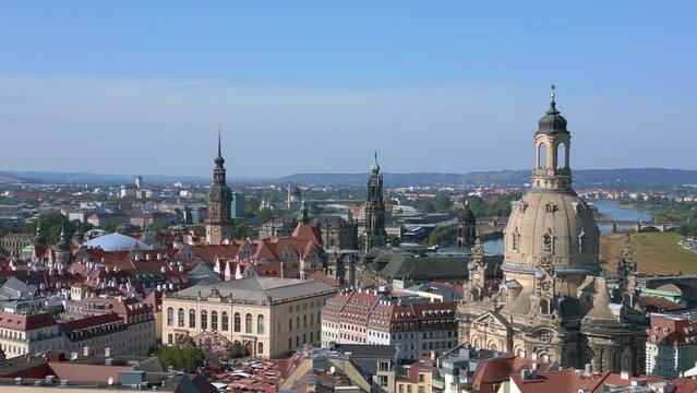 Great aerial top view flight drone. Dresden church Frauenkirche Germany summer