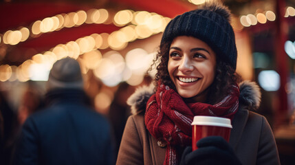 Young woman standing at Christmas market drinking hot chocolate  with blurred background 