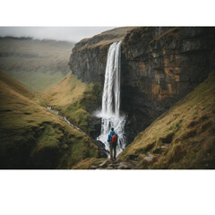 Obraz premium Hiker in Awe of a Tall, Cascading Waterfall