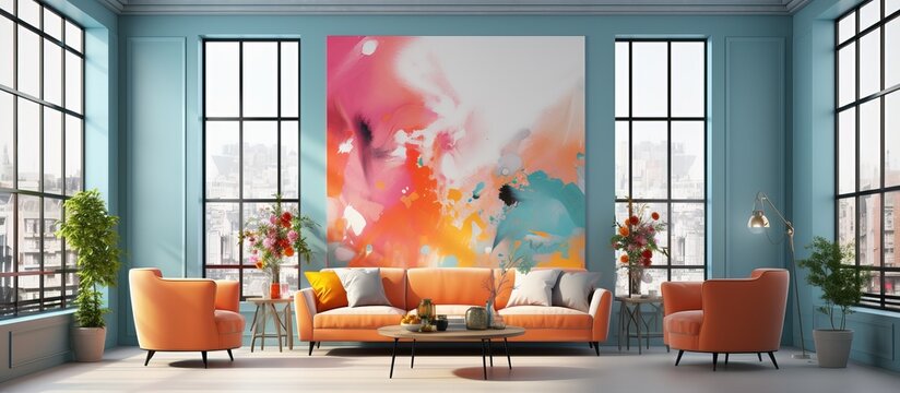 Stylized as an oil painting a modern interior room has colorful walls large windows and stylish furniture with a bright and stylish design