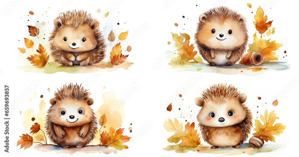 Wall mural watercolor style cartoon illustration of hedgehog in autumn woods, , isolated on white background, c