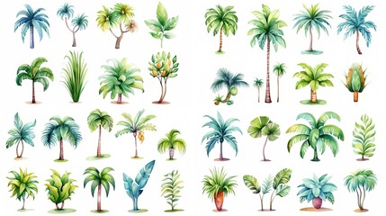 watercolor style cartoon illustration of tropical plant foliage, isolated on white background, collection set, Generative Ai - obrazy, fototapety, plakaty