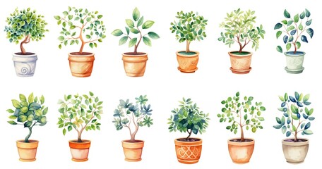 watercolor style illustration of green leaf pot plants, terracotta pot, minimal simple style, , isolated on white background, collection set, Generative Ai