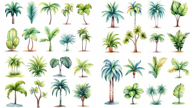 watercolor style cartoon illustration of tropical plant foliage, isolated on white background, collection set, Generative Ai
