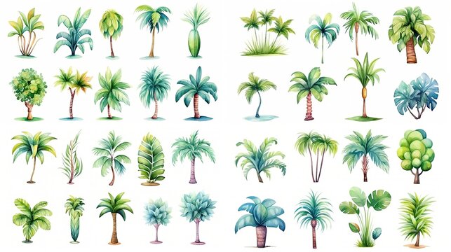 watercolor style cartoon illustration of tropical plant foliage, isolated on white background, collection set, Generative Ai