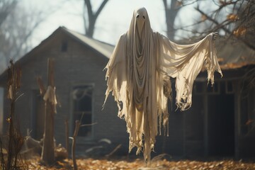  Haunted scene of cloths drying on a line, creepy ghost 
