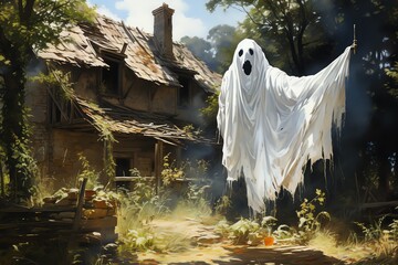  Haunted scene of cloths drying on a line, creepy ghost 