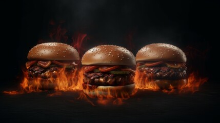 Three hamburgers grilled on fire on a dark background