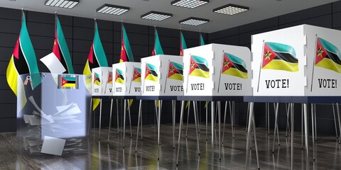 Mozambique - polling station with ballot box and voting booths - election concept - 3D illustration - obrazy, fototapety, plakaty