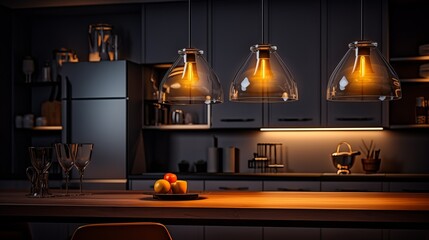 A close-up image of a modern kitchen with beautiful yellow light lamps