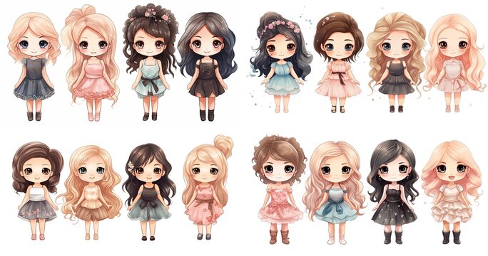 cartoon illustration collection set, cute girl wearing pretty dress, isolated on white background, Generative Ai