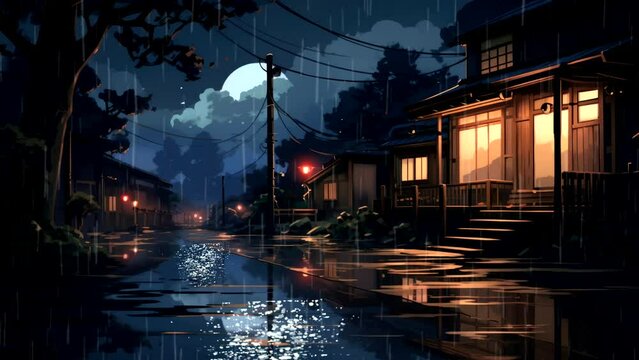 night view on japanese house on night with rain falls, beautiful and dramatic animation or anime cartoon video background looping 4k for live wallpaper