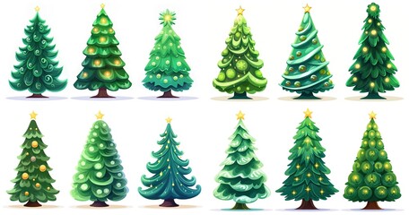 cartoon illustration of cute Christmas tree with gold start on top, isolated on white background, collection set, Generative Ai