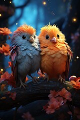 two tropical birds on a branch, brightly coloured