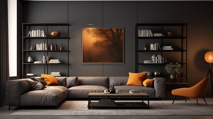 Modern cozy living room with gray leather sofa